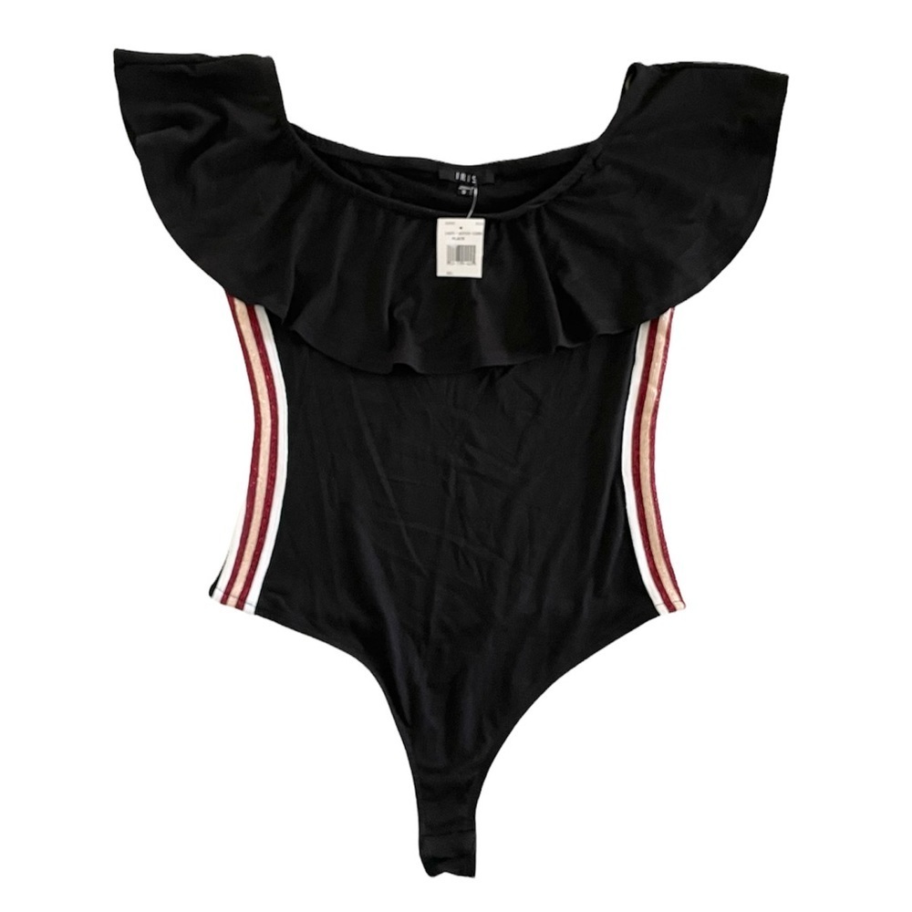 IRIS Black Ruffle Top Snap Bodysuit with Red & Gold Glitter Stripes Womens Small